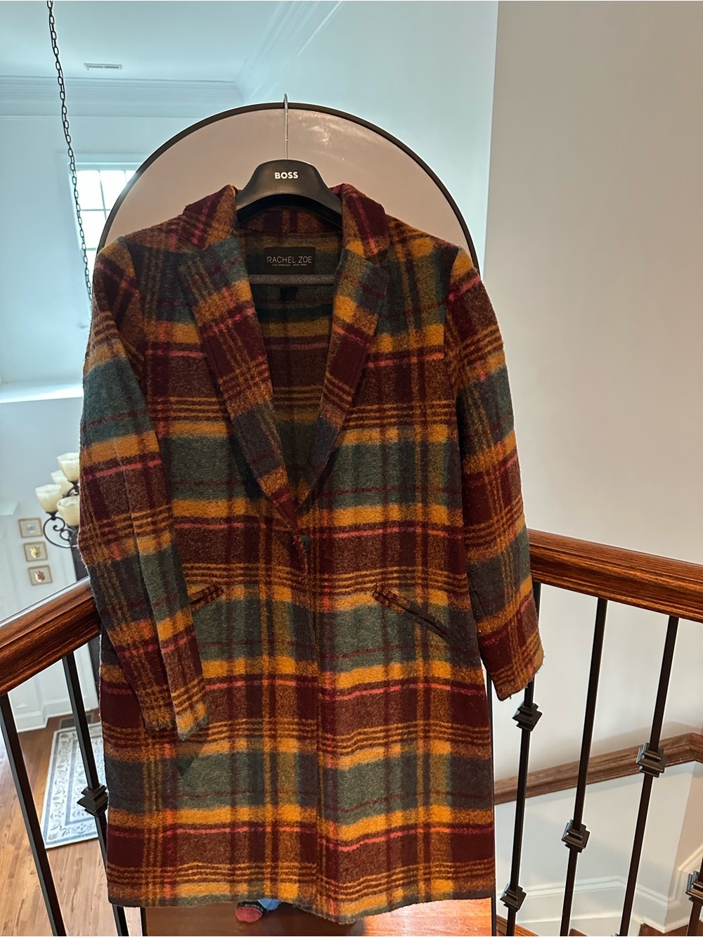 Rachel Zoe Women's Plaid Pea Coat in Burgundy, Mustard & Forest Green